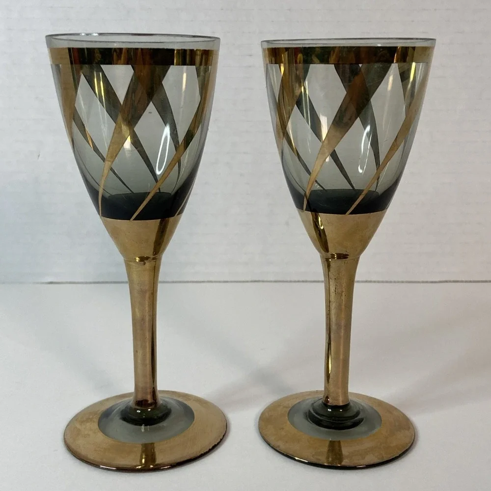 Mid Century Modern Gold Tone & Smoked Glass Flute Glasses 5.75